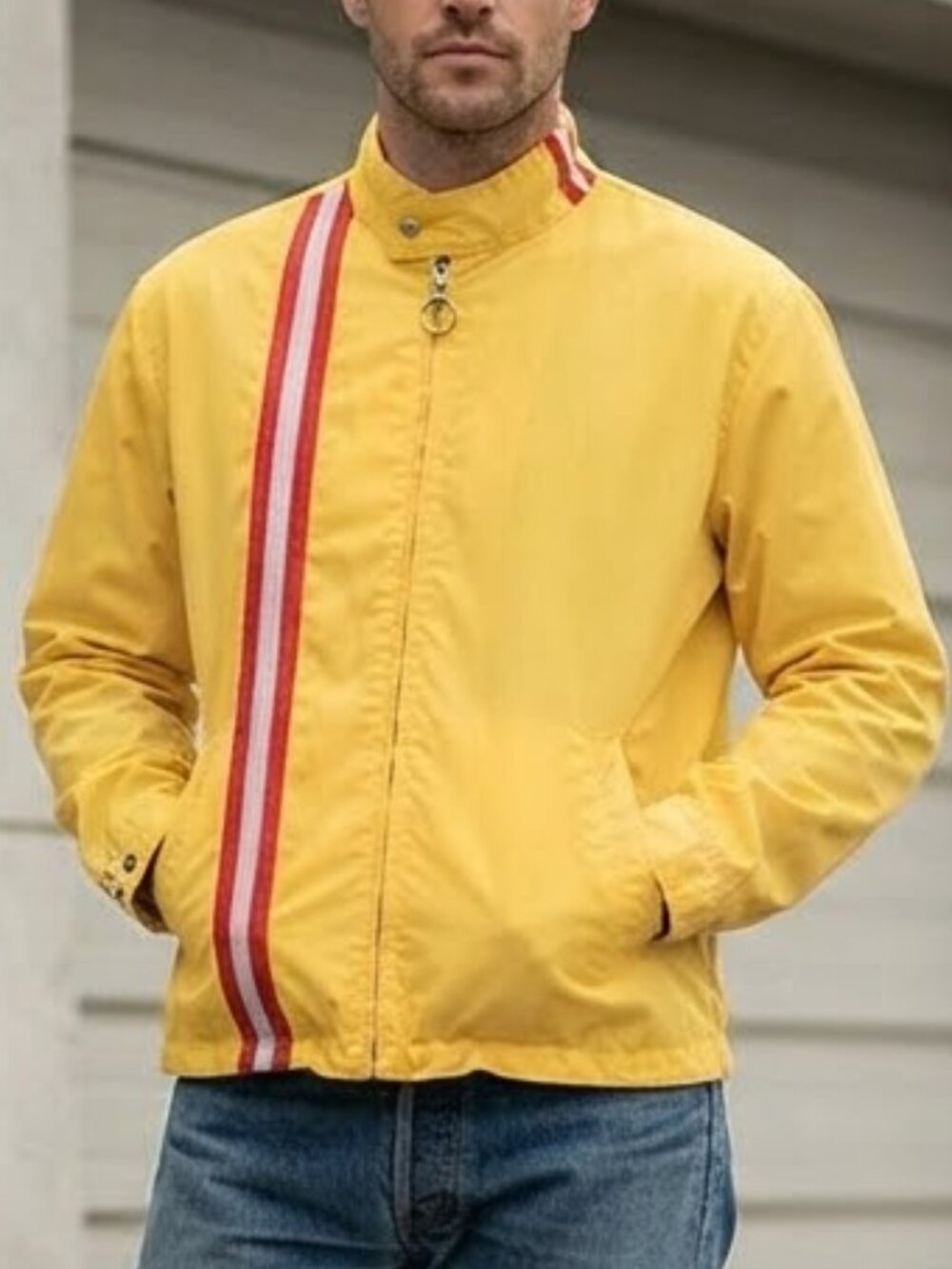 Vintage 1970's Yellow Striped Nylon Light Weight Drag Racing Jacket Men's Large